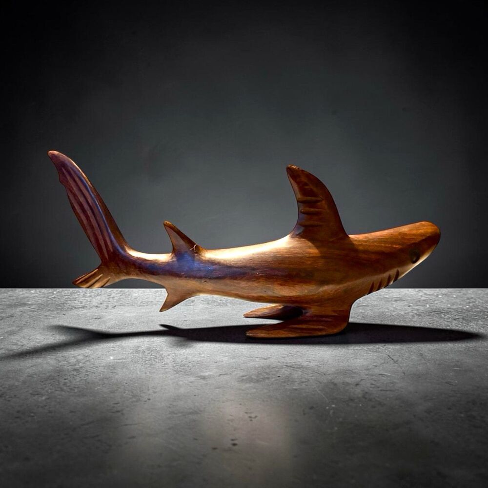 Vintage Hand Carved Ironwood Shark Sculpture 9" Mid Century Nautical Marine